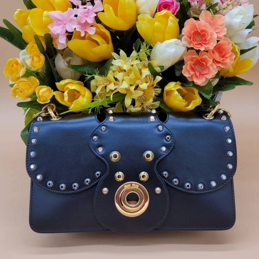 Miu Miu Black Leather Shoulder Bag with Gold Accents